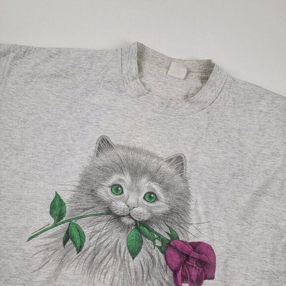 Vintage Cat Shirt Mens Large White Kitten 90s T Tee Distressed S/S - Picture 10 of 12